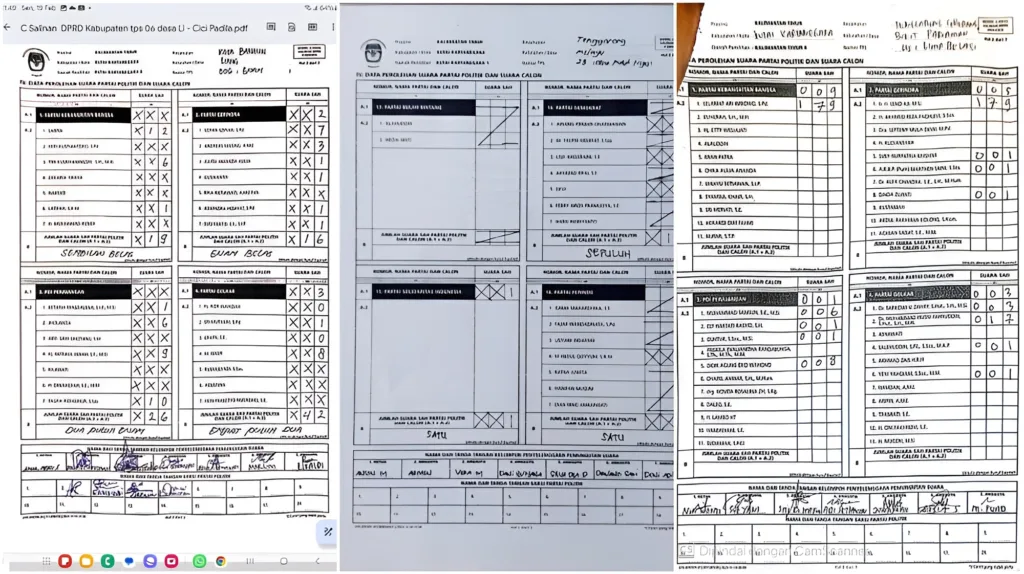 Foto: (1)Foto/lampiran C1 TPS 006, Desa Liang, Kecamatan Kota Bangun. (2)Foto/lampiran C1 TPS 023, Kelurahan Melayu, Kecamatan Tenggarong. (3)Foto/lampiran C1 TPS 015, Desa Bukit Pariaman, Kecamatan Tenggarong Seberang.